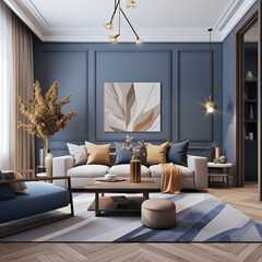 modern living room with a cool blue color and wooden