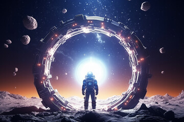 Obraz premium An astronaut.on a foreign planet in front of a sphere, Generative AI image
