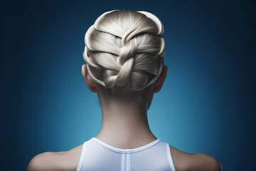 Photo shot of hairstyle for rhythmic gymnastics over dark blue studio. Generative AI. - obrazy, fototapety, plakaty