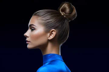 Gordijnen Photo shot of hairstyle for rhythmic gymnastics over dark blue studio. Generative AI. © Surachetsh
