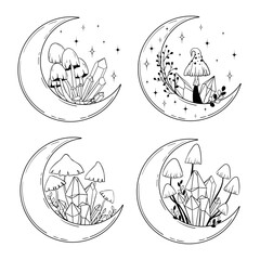 Vector line art mystical celestial magic witchcraft elements. Esoteric crescent moon, mushrooms,crystal, stars, leaves, line art.
