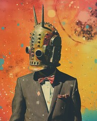 Colorful vintage collage of a man in a suit with a robot head