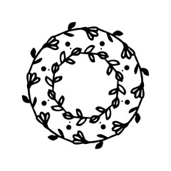 Black plant doodle wreath on white background. Hand-drawn rounded pattern vector illustration with flowers and leaves.