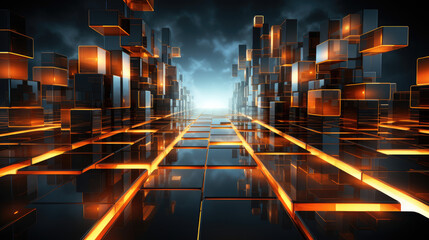 Technological virtual background with sharp lines, minimalist style, and abstract bright white and orange neon elements, reminiscent of blocks and puzzle game aesthetics.
