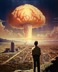 Illustration of a man on top of a hill watching a nuclear bomb explode in a city. 1950s
