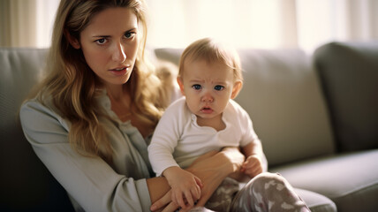 A young mother is sitting on a couch, holding her crying baby. face is etched with worry.