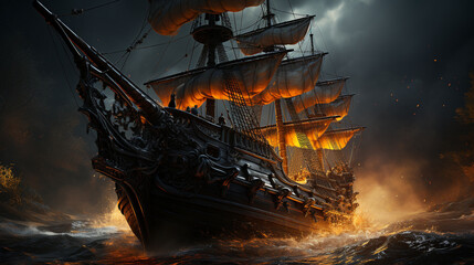 Black pirate ship sailoring on the seas in the night, with fire lights illuminating the boat, Generative AI