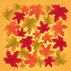 Composition with colorful autumn maple leaves. Autumn maple leaves set pattern vector digital art print. Red, yellow, orange, green maple leaves on a orange background