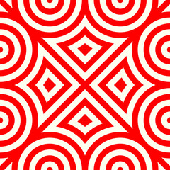 Seamless pattern with symmetric geometric ornament. Red white circles and rhombuses abstract background. Abstract repeated spheres and circuit lines wallpaper. Vector illustration