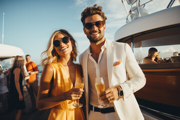 People and lifestyles concept. Beautiful and rich young men and women in luxury party on yacht. Multicultural young adult friends celebrating during summer time. Generative AI - obrazy, fototapety, plakaty