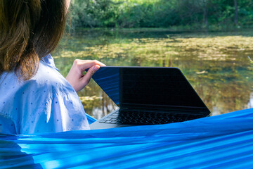 Remote online working. Digital nomad. Work and life balance. Workation