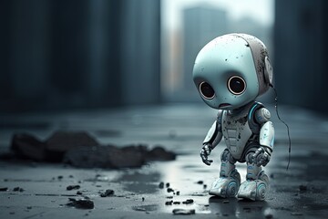 sad little baby robot digital technology concept illustration - obrazy, fototapety, plakaty