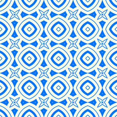 Seamless pattern with symmetric geometric ornament. Blue white circles and stars abstract background. Abstract repeated spheres and circuit lines wallpaper. Vector illustration