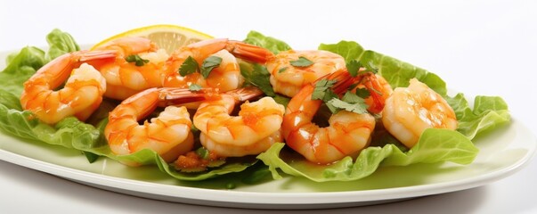A light and refreshing variation, this image highlights the addition of succulent grilled shrimps that adorn a bed of vibrant green romaine lettuce. The natural orange hue of the shrimp