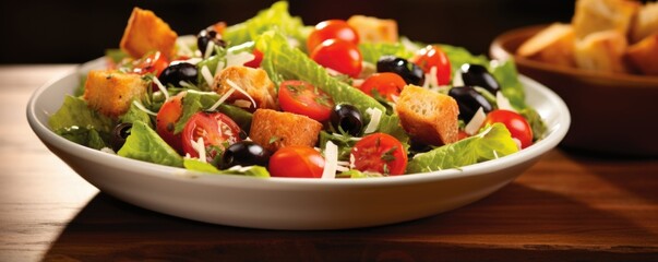 Reminiscent of a Mediterranean masterpiece, this vibrant shot showcases a colorful arrangement of juicy cherry tomatoes, sliced black olives, and tangy croutons that grace a generous bed