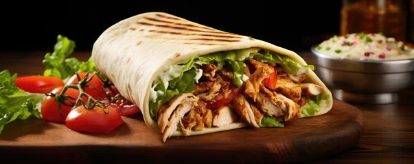 Fotobehang In this captivating image, a mouthwatering chicken shawarma sandwich steals the spotlight. The tender, juicy chicken is enveloped by soft, warm pita bread, creating a delectable flavor combination. © Justlight