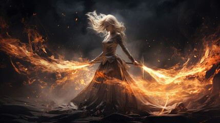 sorceress fire spellcasting heroic fantasy rpg witchcraft - by generative ai - obrazy, fototapety, plakaty