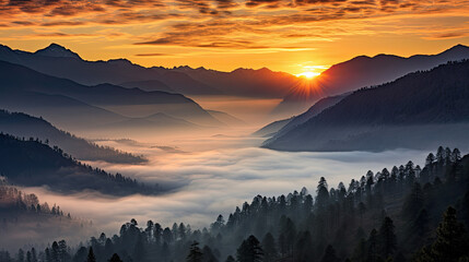 sunrise in the mountains mist fog panorama landscape valley - by generative ai