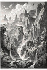 mystical landscape with high mountains, cascading waterfalls and a hidden cave, a large dragon