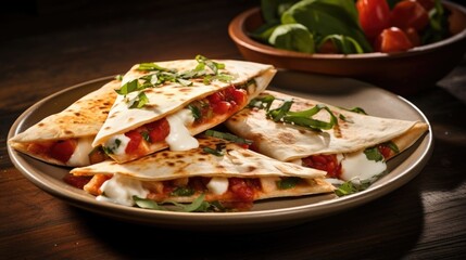 A symphony of flavors awaits in this flavorful food shot of a Margherita quesadilla. The tortilla boasts a lovely char, providing a satisfying crunch with each bite. Inside, the melty mozzarella