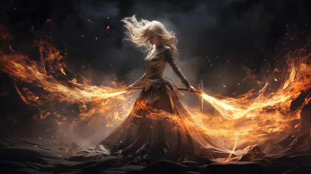 sorceress fire spellcasting heroic fantasy rpg witchcraft - by generative ai