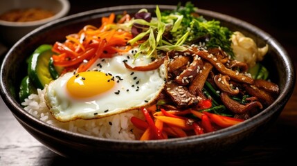 An appetizing closeup shot capturing the vibrant and inviting nature of a Vegetable Bibimbap, highlighting the varied colors and textures of caramelized onions, saut ed sugar snap peas,