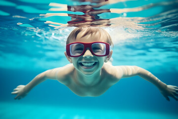 Naklejka premium Young boy with goggles swimming underwater in swimming pool
