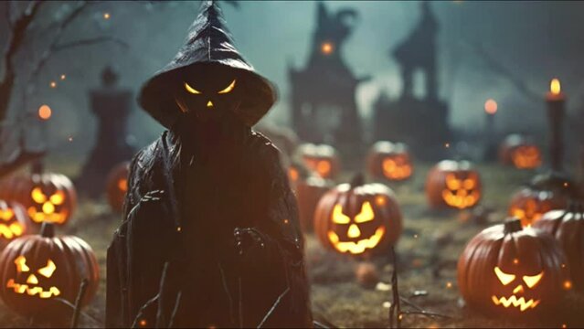 hooded halloween jack o lantern figure with pumpkins in graveyard still life