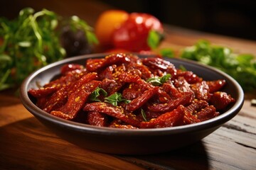 Sundried tomatoes, soaked in tangy marinade, deliver an intense burst of umami with each bite. Their concentrated flavor adds a robustness to the overall profile of the salad. - obrazy, fototapety, plakaty
