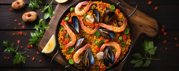 An appealing overhead shot capturing a rustic bowl of hearty Spanish paella, bursting with vibrant flavors and textures, packed with succulent morsels of chicken, juicy shrimp, tender mussels,