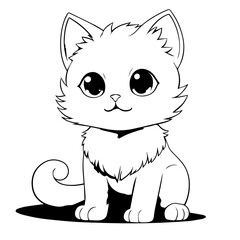 Cat illustration for colouring books. Cute black and white cat with big eyes for colouring. Furry Cat simple vector. Mammal. Animal. Coloring book vector