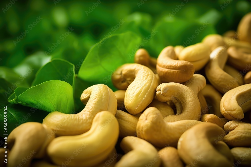 Poster A visually striking composition captures the unique shape and texture of whole cashews as they lie nestled atop a bed of vibrant green lettuce leaves, creating an appetizing contrast.