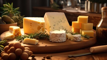 This image showcases an elegant cheese board, beautifully arranged with a selection of artisanal cheeses, crackers, and honeycomb, with each cheese pairing being gently complemented by a