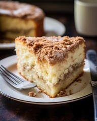 A slice of warm, gooey cinnamon streusel coffee cake, its crumbly topping with cinnamon sugar and a drizzle of sweet glaze.