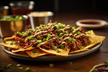 A visually enticing image capturing the perfect balance of smoky and y, as the nachos are generously topped with chipotleinfused shredded beef, a drizzle of tangy adobo sauce, and a sprinkle