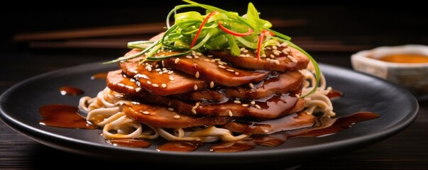 A mouthwatering shot of savory soba pancakes, cooked to perfection and stacked elegantly, adorned with a generous serving of tender grilled pork belly, saut ed leeks, and a drizzle of umamipacked