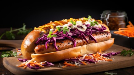 A vibrant burst of colors takes center stage as a bratwurst nestled within a fluffy, freshlybaked pretzel bun, topped with a tangy slaw of pickled cabbage and shredded carrots.
