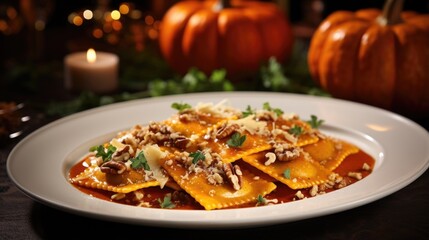 An artistic shot shining the spotlight on vibrant pumpkin ravioli, decadently dressed with a drizzle of brown er and a tering of toasted hazelnuts, creating a harmonious symphony of flavors.