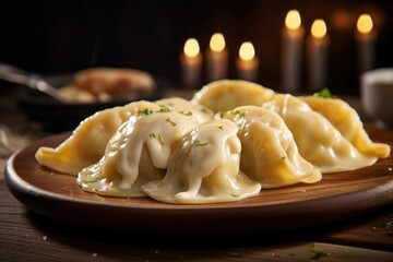 A shot taken against a wooden backdrop showcases Pierogi filled with luscious and indulgent cheese....