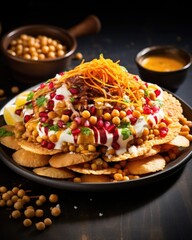 An artistic arrangement of colorful and crunchy papdi chaat, a popular street food delicacy. Crispy fried dough wafers are topped with a tantalizing mix of chickpeas, yogurt, tangy tamarind
