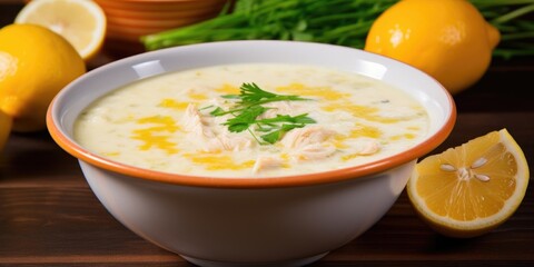 A steaming bowl of avgolemono soup, a tangy and velvety concoction made from chicken stock, egg, and lemon juice. Each sful carries the perfect balance of richness and citrus tang, providing