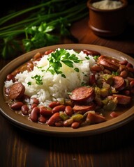 An aesthetically pleasing shot featuring a plate of hearty red beans and rice with smoked sausage a...