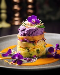 Obraz na płótnie Canvas An artistic presentation of causa rellena, featuring beautifully layered mashed purple potatoes stuffed with a mix of marinated chicken, vegetables, and mayonnaise, garnished with edible
