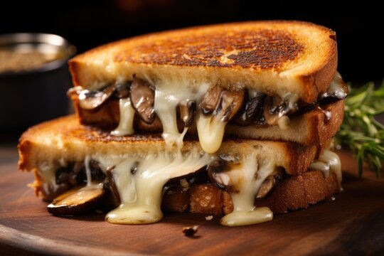 Savor The Smoky Aroma And Rich Taste Of This Grilled Cheese, Featuring A Combination Of Melted Mozzarella, Grilled Portobello Mushrooms, And A Drizzle Of Truffle Oil For A Luxurious And