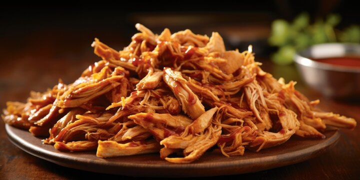 In this visually striking image, delicate strands of jackfruit are pulled apart to reveal its resemblance to pulled pork, generously coated in a rich, tangy barbecue sauce that clings to