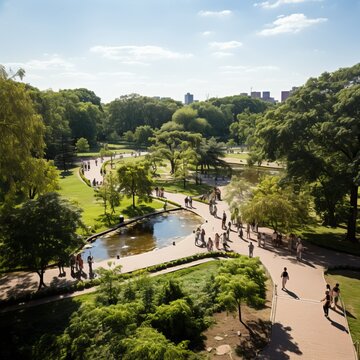 Aerial view of people walking on a Sunday in the park