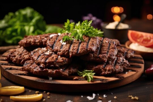 A visually appealing shot displaying a platter of tender and aromatic kafta kebabs, perfectly grilled until they attain a beautiful charred exterior. The image showcases the juicy ground