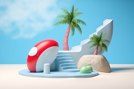 Summer vacation beach abstract background concept, Minimal Realistic Display Podium for Product mock-up or Cosmetics with summer theme. Generative AI