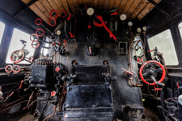 cab of a German steam locomotive - obrazy, fototapety, plakaty