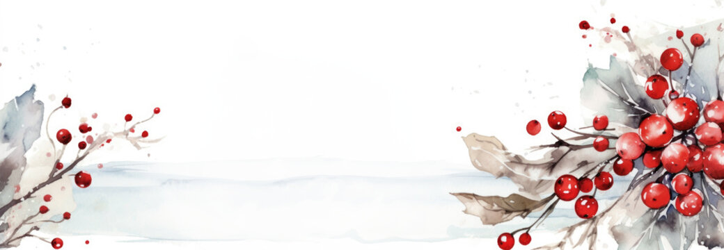 Christmas, New Year, winter banner with leaves and red berries on white with copy space.